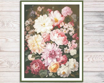 Summer bouquet Counted Cross Stitch Pattern Bouquet of roses Vintage floral Digital Pattern Pink roses Embroidery Needlepoint Chart Download