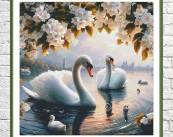 [Swan]オーダーページ Pair of Swans Cross Stitch Pattern White Swan Birds Xstitch