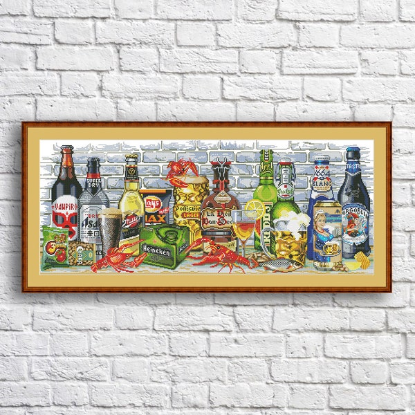 Point de croix motif bouteilles bière sombre et lumière nature morte cuisine Decor broderie à la main tapisserie tableau point de croix compté verre à vin