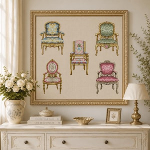 May include: A framed cross-stitch embroidery featuring five distinct antique-style chairs in blue, green, pink, and floral patterns, set against a neutral fabric background within a decorative gold-toned frame.