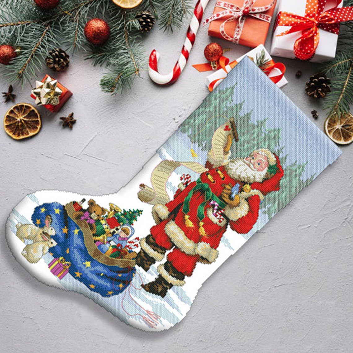 Checking His List Christmas Stocking Counted Cross Stitch Pattern Santa — free download