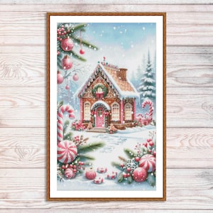 May include: A gingerbread house with candy cane accents sits in a snowy winter scene. The house is decorated with red and white candy, a wreath, and a red door. The scene is surrounded by snow-covered trees and candy canes.