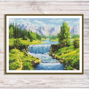 Sommer Landschaft Kreuzstichmuster Wald Blühende Berge Fluss Wasserfall Stickerei Nadelspitze Stickmuster