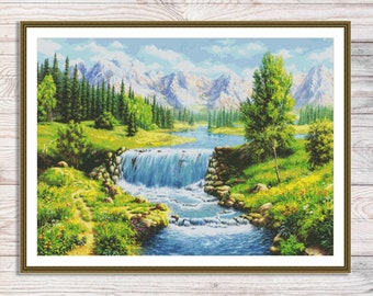 Paesaggio estivo Schema punto croce Foresta Montagne in fiore Fiume Cascata Ricamo Punto Croce Schema digitale