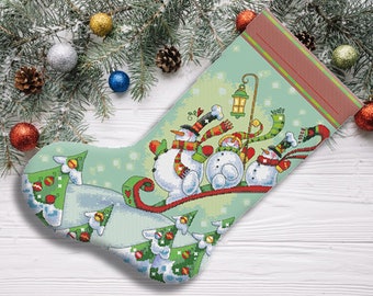 Sledding Snowmen Christmas Stocking Counted Cross Stitch Pattern Santa Embroidery Hand Xstitch Decor Embroidery Chart Needlepoint Chart