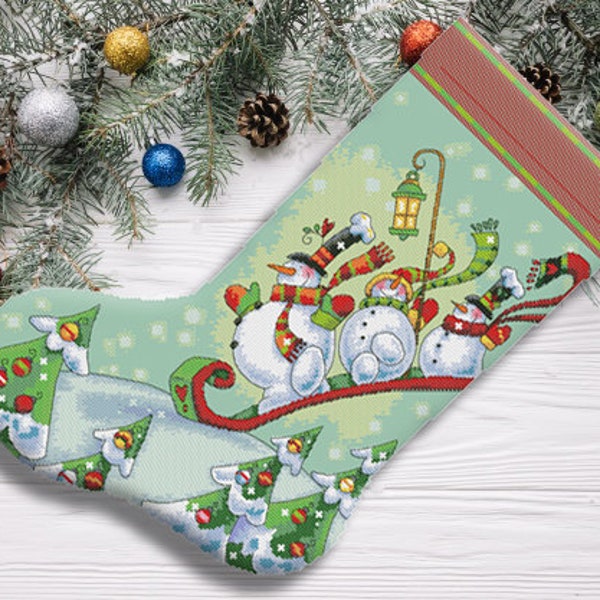 Sledding Snowmen Christmas Stocking Counted Cross Stitch Pattern Santa Embroidery Hand Xstitch Decor Embroidery Chart Needlepoint Chart