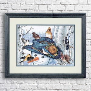Motif de point de croix de Noël, bonhomme de neige, oiseau d'hiver, broderie PDF, point de décoration pour la maison, motif de broderie, tableau de broderie