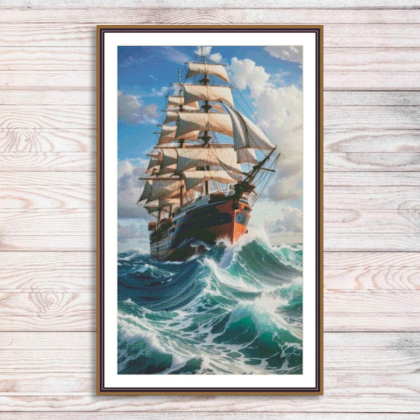 Clipper Ship Cross Stitch Pattern Sunset Voyage Digital Pattern PDF Modern Decor Sea Landscape Pattern Hand Embroidery Needlepoint stitch