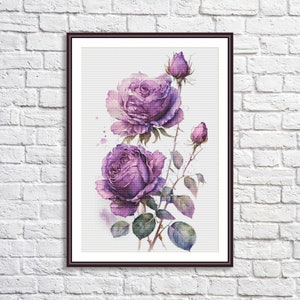 Aquarel rozen tak #3 geteld kruissteekpatroon violet bloemen tak van tuin bloemen vintage bloemen digitaal borduurpatroon pdf