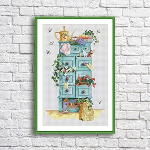 Gardening Chest Cross Stitch Pattern Digital Pattern Modern Decor Pattern Hand Embroidery Needlepoint Counted cross stitch Geranium Bees PDF