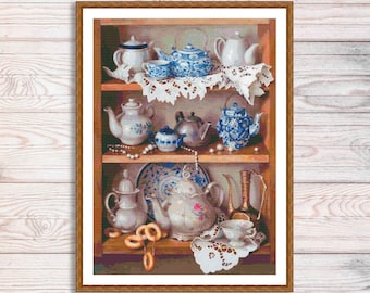 May include: A wooden shelf with a collection of vintage teapots and other porcelain items. The teapots are decorated with blue and white floral patterns. There are also some small plates and a bowl on the shelf.