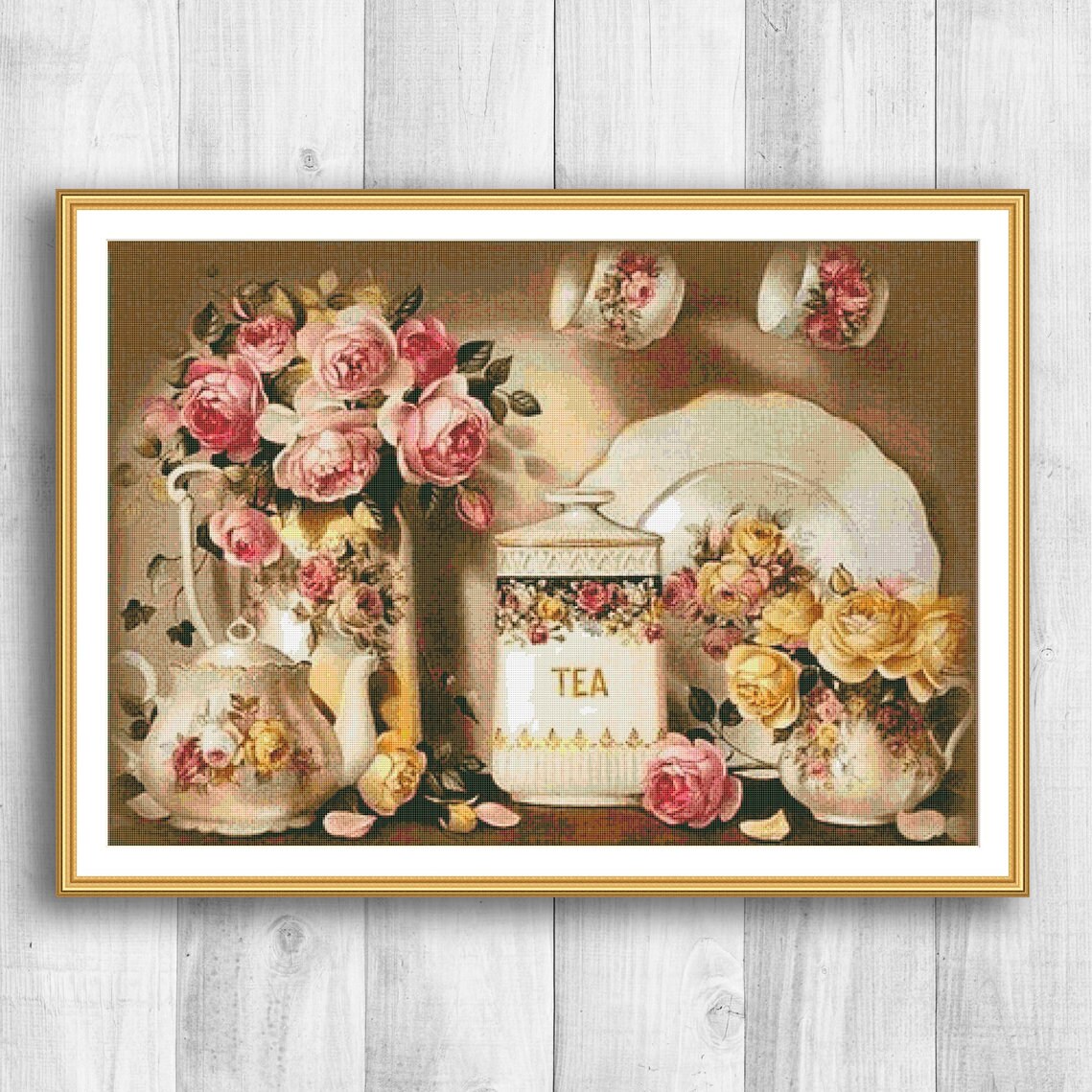 ビンテージ風 ティーポット刺繍アート ローズティーポットの静物クロスステッチパターンデジタルパターン