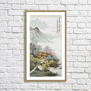 Oriental landscape Counted Cross Stitch Pattern Autumn Landscape Pattern Hand Embroidery Needlepoint Chart  Village Cottage Digital Pattern
