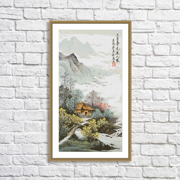 Oriental landscape Counted Cross Stitch Pattern Autumn Landscape Pattern Hand Embroidery Needlepoint Chart  Village Cottage Digital Pattern