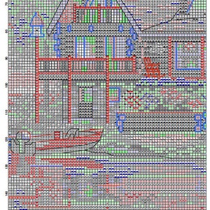 K&ouml;nnte beinhalten: Ein Kreuzstichmuster-Diagramm mit dem Titel Page 7 Cabin Fever, das ein Raster mit verschiedenen Symbolen, Zahlen und farbigen Bl&ouml;cken zeigt, die eine H&uuml;ttenszene darstellen. Das Design enth&auml;lt Umrisse eines Hauses, eines Bootes und eines Stuhls.