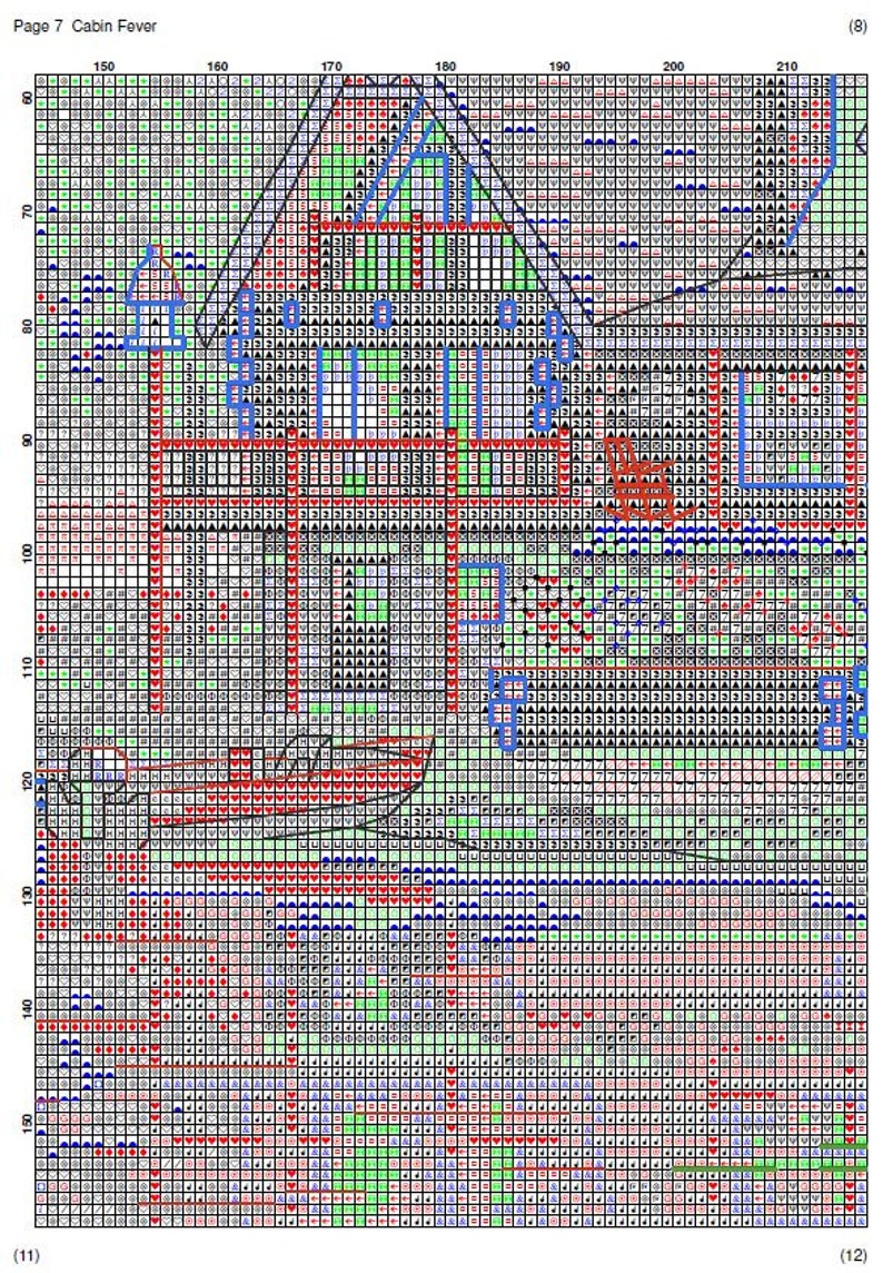 K&ouml;nnte beinhalten: Ein Kreuzstichmuster-Diagramm mit dem Titel Page 7 Cabin Fever, das ein Raster mit verschiedenen Symbolen, Zahlen und farbigen Bl&ouml;cken zeigt, die eine H&uuml;ttenszene darstellen. Das Design enth&auml;lt Umrisse eines Hauses, eines Bootes und eines Stuhls.