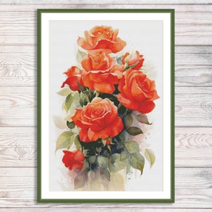 Aquarel rozen tak geteld kruissteekpatroon rode bloemen tak van tuin bloemen vintage bloemen digitaal borduurpatroon pdf