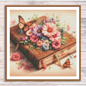 Bloemenboek geteld kruissteekpatroon Vintage bloemenkaart Boeket rozen Digitaal patroon PDF Rode rozen borduren borduurpatroon