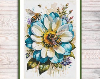 May include: A framed watercolor print featuring a large, stylized flower with white and blue petals and a yellow center. Several bees are depicted on and around the flower. The artwork has a soft, painterly quality with green leaves and purple accents.