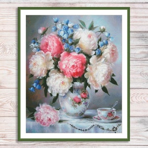 Boeket pioenrozen geteld kruissteekpatroon roze pioenrozen Vintage digitale bloemenpatroon roze pioenrozen borduurwerk borduursteekkaart PDF