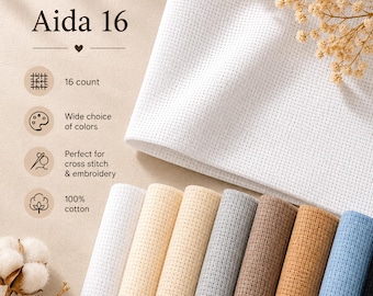 Puede incluir: Tela Aida blanca de 16 puntos con una variedad de rollos de tela de colores. La imagen incluye el texto "Aida 16", "16 count", "Amplia gama de colores", "Perfecto para punto de cruz y bordado" y "100% algodón".