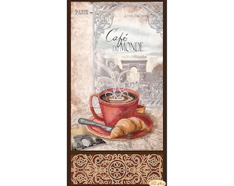 Op de afbeelding: Een rode koffiekop met stoom die eruit opstijgt, een croissant en een bord op een vintage kaart achtergrond met de tekst "Cafe du Monde" en "Paris" in de linkerbovenhoek. De Eiffeltoren is zichtbaar op de achtergrond.