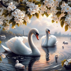 Pair of Swans Cross Stitch Pattern White Swan Birds Xstitch Pattern Animal Embroidery Needlepoint Chart PDF Swan Wings Pink Flowers