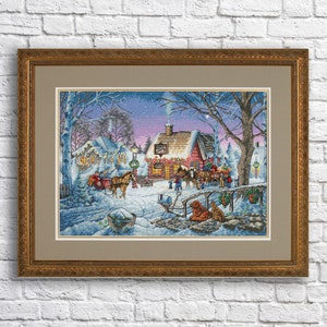 Sweet Memories Counted Cross Stitch Pattern Christmas Village Winter Landscape Hand Embroidery Needlepoint Chart Cottage Horse Pattern PDF