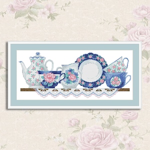 Kitchen Cross Stitch Pattern Shelf with Dishies Kitchen Still Life Modern Decor Pattern Cups Mugs Napkins Embroidery Needlepoint chart PDF