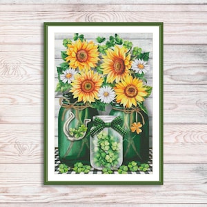 Geluk geteld kruissteekpatroon zomer bloemen tuin bloemen klavertje vier madeliefjes zonnebloemen vintage bloemen borduurkaart