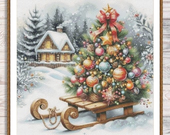 Christmas House Counted Cross Stitch Pattern Christmas Tree Winter Landscape Holidays Hand Embroidery Needlepoint Chart Cottage PDF