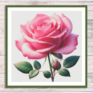 Aquarel enkele rozen geteld kruissteekpatroon roze bloemen Tak van tuinbloemen Vintage bloemen digitaal borduurpatroon PDF