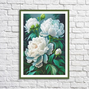 White Peonies Cross Stitch Pattern Digital Pattern Modern Decor Flower Xstitch Pattern Floral Embroidery Needlepoint Chart PDF