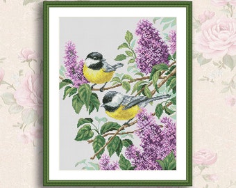 Charming Lilac Cross Stitch Pattern Birds on a branch Spring Bird Chickadees Lilacs Xstitch Pattern Animal Embroidery Needlepoint Chart PDF