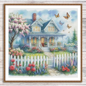 Vintage Cottage Counted Cross Stitch Pattern Summer Landscape Pattern Hand Embroidery Needlepoint Chart Cottage Digital Pattern