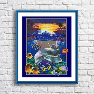 Dolphins Cross Stitch Pattern Digital Pattern Fish Modern Decor Animals Pattern Embroidery Needlepoint Chart Tenderness at Sunset Download