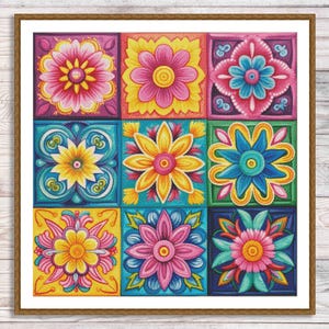 May include: A framed artwork featuring nine square tiles, each displaying a vibrant floral design. The flowers showcase a variety of colors, including pink, yellow, blue, and orange, with intricate details and patterns. The artwork is set against a wooden background.