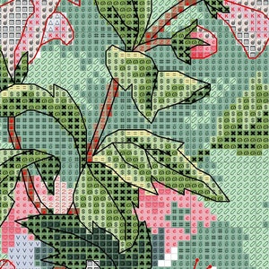 May include: A cross-stitch pattern chart featuring a floral design with black outlines on a grid. The pattern uses various symbols like numbers, letters, and shapes in shades of green, pink, and white to indicate specific thread colours for stitching.