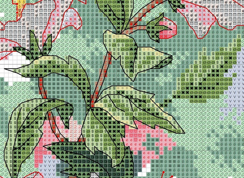 May include: A cross-stitch pattern chart featuring a floral design with black outlines on a grid. The pattern uses various symbols like numbers, letters, and shapes in shades of green, pink, and white to indicate specific thread colours for stitching.