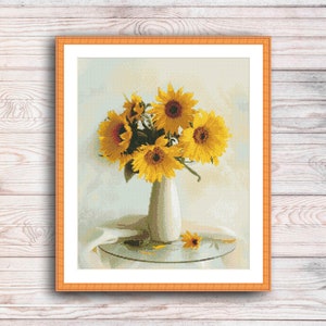 Gele bloemen in een vaas Kruissteekpatroon Digitaal patroon Modern decor Wilde bloemenpatroon Boeket Borduurnaaldpuntgrafiek