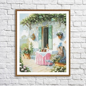 Summer Terrace Counted Cross Stitch Pattern Cottage Summer Landscape Pattern Hand Embroidery Needlepoint Chart Cottage Digital Pattern