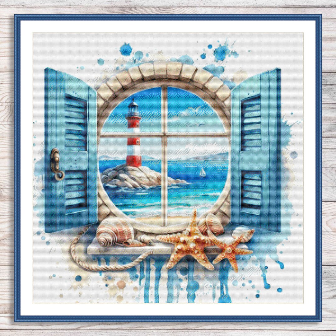 Lighthouse Counted Cross Stitch Pattern Shells Window Seascape Seagulls ...