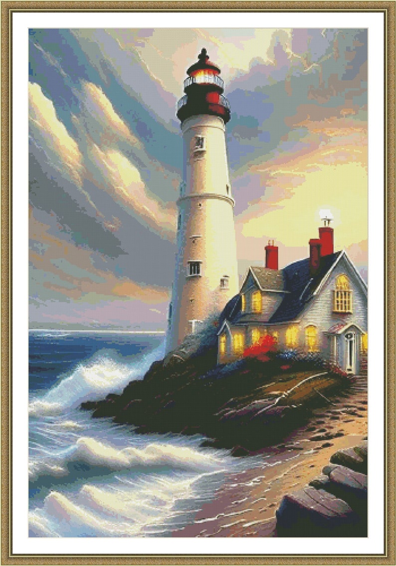 Lighthouse Counted Cross Stitch Pattern Beacon at Daybreak Digital ...