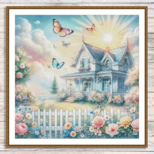 Vintage Cottage Counted Cross Stitch Pattern Summer Landscape Pattern Hand Embroidery Needlepoint Chart Cottage Digital Pattern