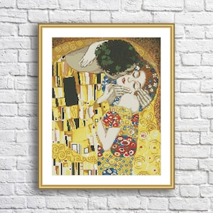 Gustav Klimt Kiss Cross Stitch Pattern Needlepoint chart Impression art Digital PDF Modern Wall Decor Hand Embroidery