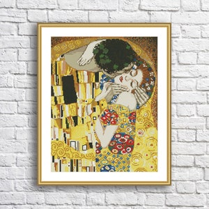 Patrón de punto de cruz "Beso de Gustav Klimt", gráfico de bordado, impresión artística, PDF digital, decoración de pared moderna, bordado a mano