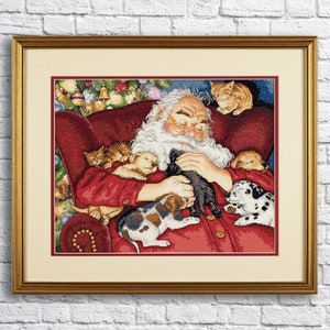 Santa&#39;s Nap Christmas Cross Stitch Pattern Modern Embroidery Cats Xstitch Decor Animal Embroidery Needlepoint Chart Puppies Cross Stitch