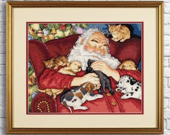 Sieste du père Noël Noël point de croix motif moderne broderie chats Xstitch Decor Animal broderie tapisserie tableau chiots point de croix