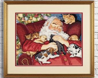 Santa's Nap Christmas Cross Stitch Pattern Modern Embroidery Cats Xstitch Decor Animal Embroidery Needlepoint Chart Puppies Cross Stitch