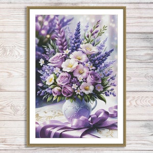 Paarse bloemenvaas Kruissteekpatroon Tuinbloemen Digitaal patroon Modern decor Wilde bloemen Patroon Boeket Borduren Borduren Borduurwerk